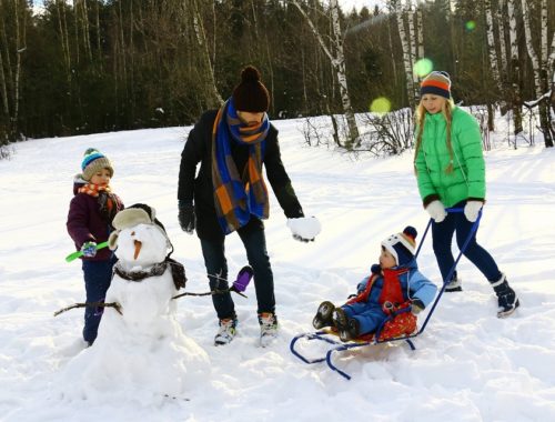 Une famille joue dans la neige