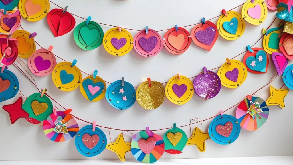 une chambre d'enfant avec un mur de guirlandes en papier