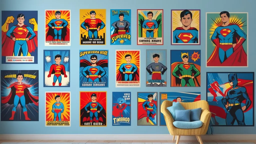 Chambre d'enfant avec un mur de posters suer héros