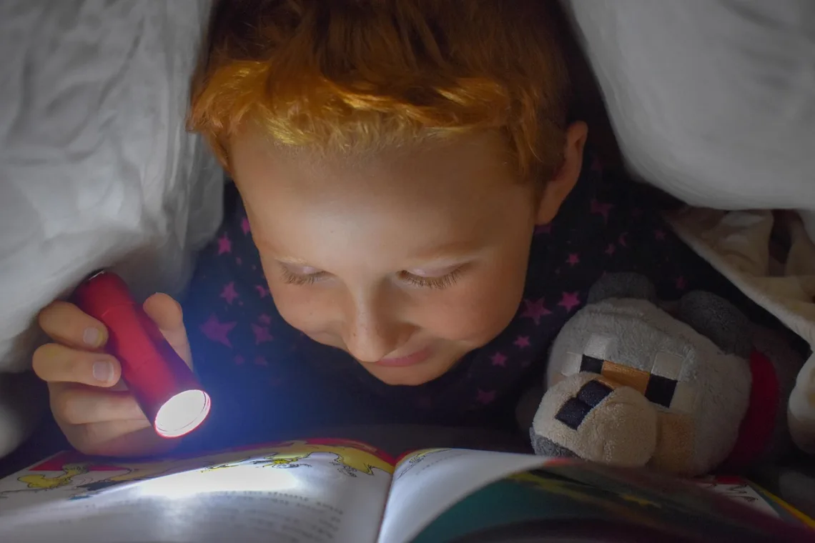 Petit garçon qui lit un livre sous sa couette