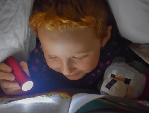 Petit garçon qui lit un livre sous sa couette