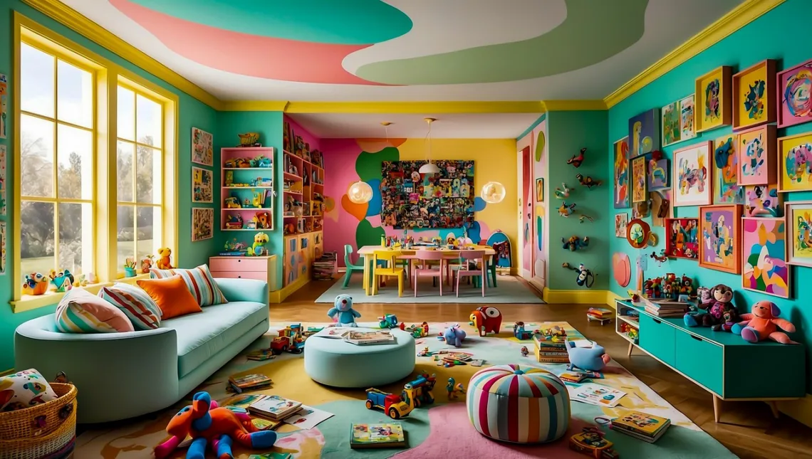 Salle de jeux avec différents espaces