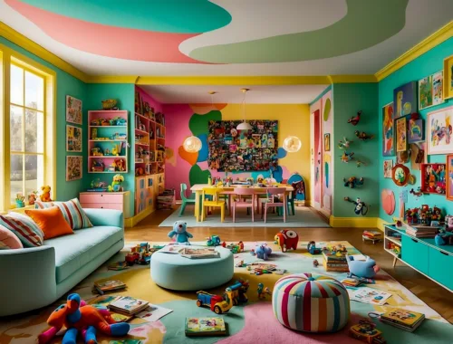 Salle de jeux avec différents espaces