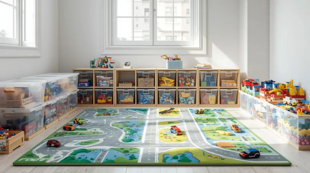 Salle de jeux avec un tapis, des boites rangement transparentes