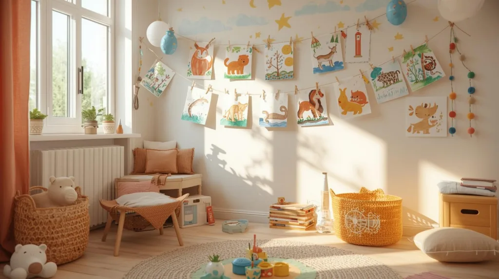 Salle de jeux avec des dessins accrochés au mur