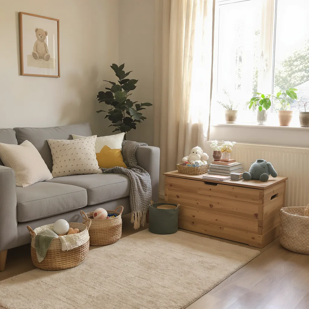 Un petit salon avec un coffre de rangement et des paniers