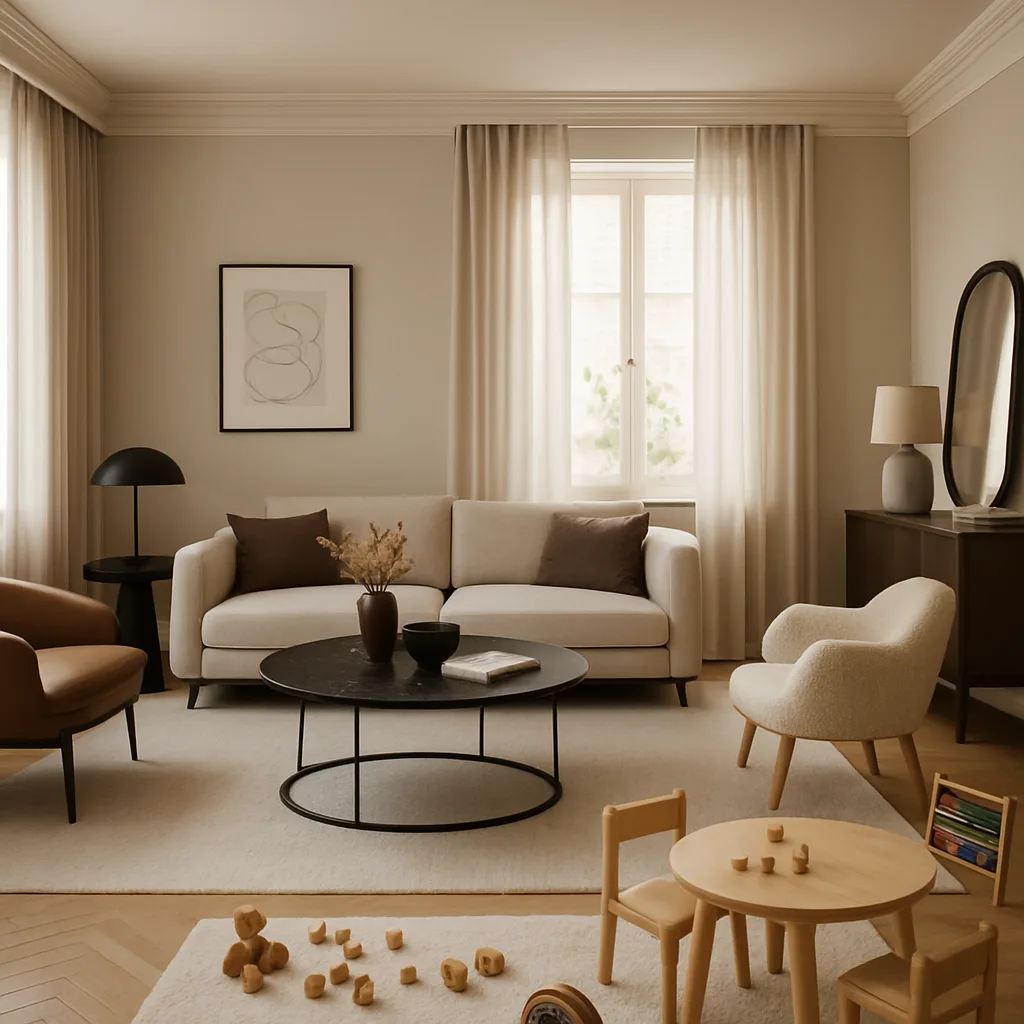Un salon délimité par un espace enfants et un espace parents