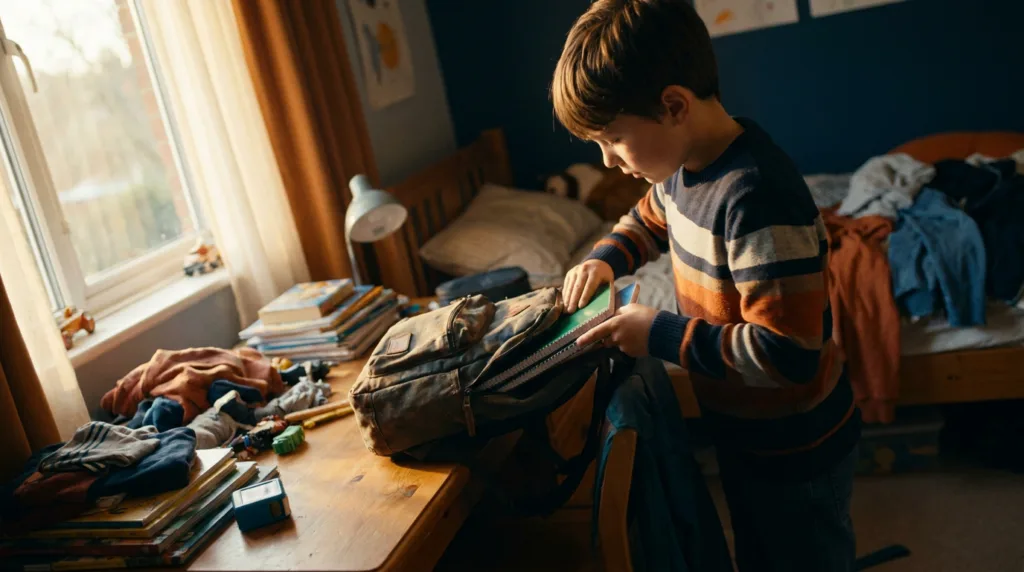 Un enfant de 10 ans range son cartable