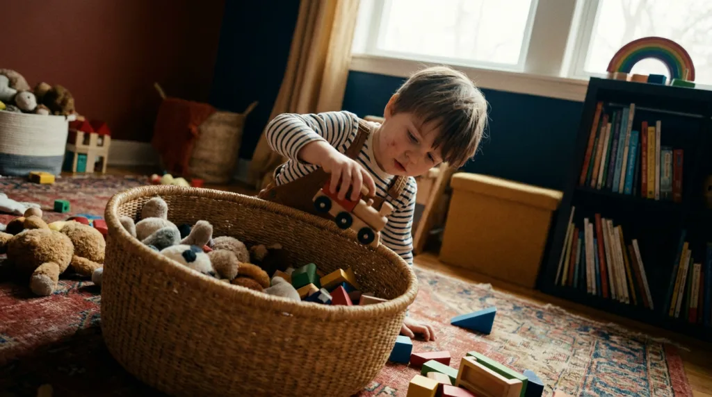 Un enfant de 6 ans range ses jouets